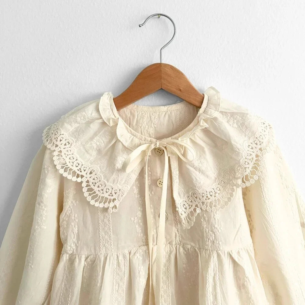 NWT Pretty Girls Eyelet Embroidered Lace Bib Collar Long Sleeve Dress Cream 4T - Picture 3 of 4